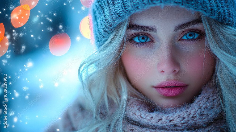 A woman with blue eyes and blonde hair is wearing a blue hat and a pink scarf. She has a pink lip color and a pink nose. The image has a wintery feel to it, with snow and a blue sky in the background A woman with blue eyes and blonde hair is wearing a blue hat and a pink scarf. She has a pink lip color and a pink nose. The image has a wintery feel to it, with snow and a blue sky in the background