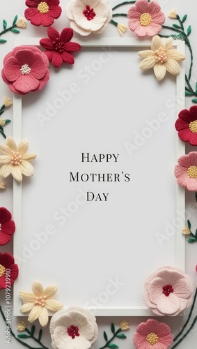 Happy Mother's Day card with frame from embroided flowers on white background. AI generated photo