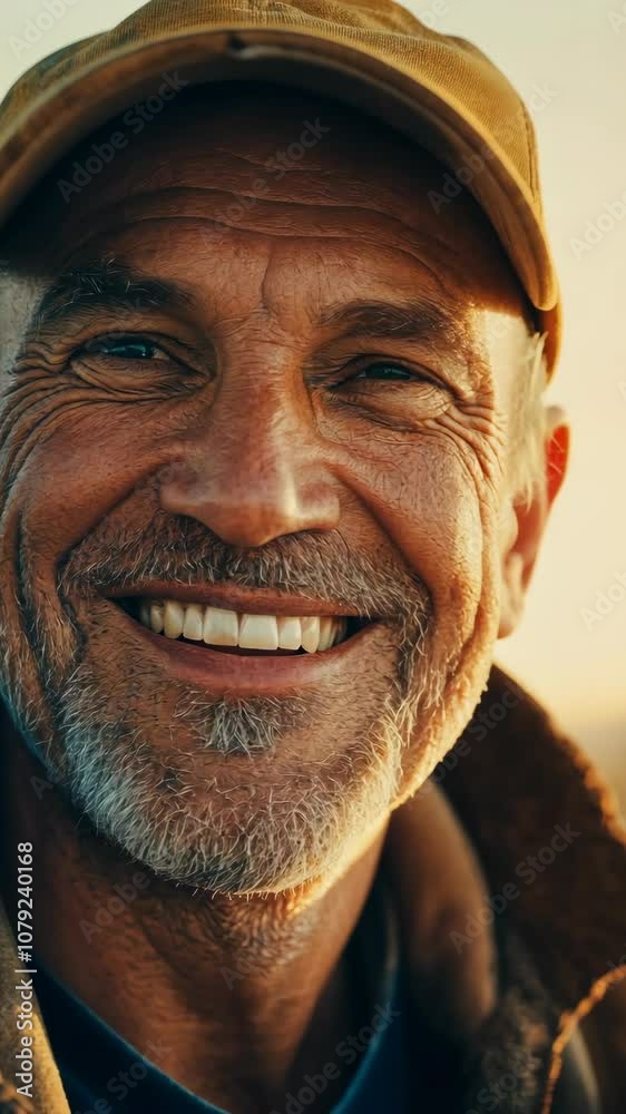 A man in a brown cap smiles brightly at the camera in the warm evening light A man in a brown cap smiles brightly at the camera in the warm evening light