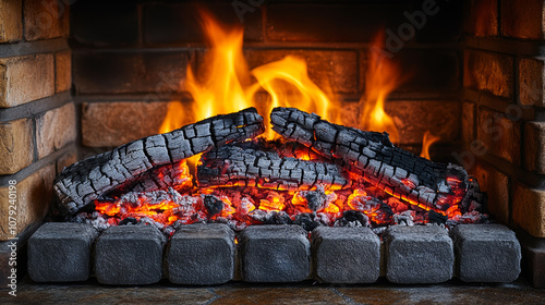 A fireplace with a fire burning in it. The fire is made of wood and is very hot photo