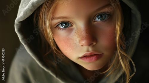 Portrait of a young girl wearing a hoodie, deep gaze, soft lighting, thoughtful and introspective, close-up, quiet moment, innocence and mystery