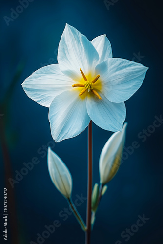 A single white flower with a yellow center on a dark blue background