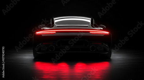 A black car with a red tail light. The car is in a dark room with a black background