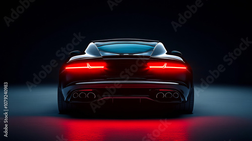 A black car with red lights on the back. The car is parked in a dark room