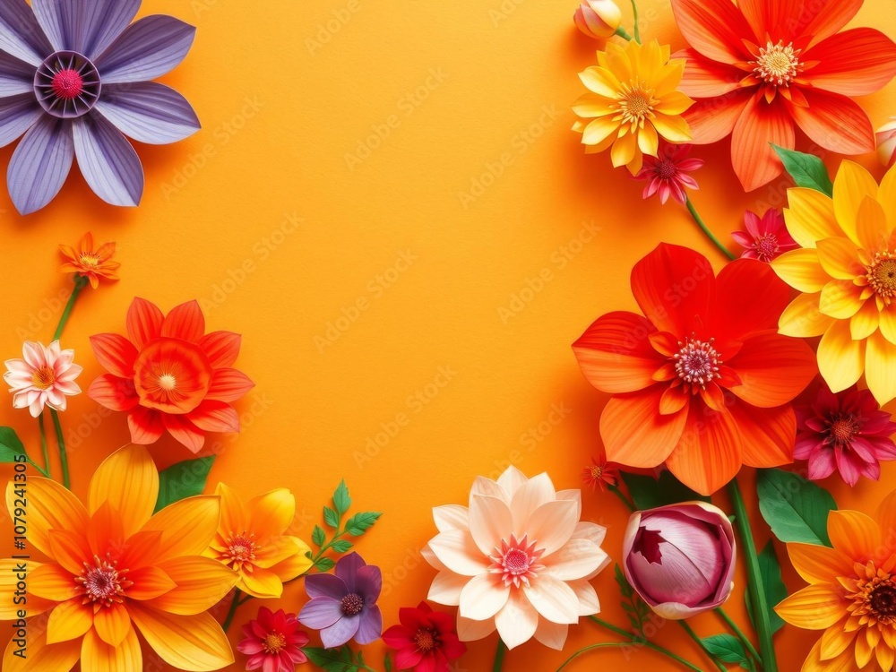 Orange paper flowers arranged to form a frame on a monochromatic orange background, paper, frame Orange paper flowers arranged to form a frame on a monochromatic orange background, paper, frame