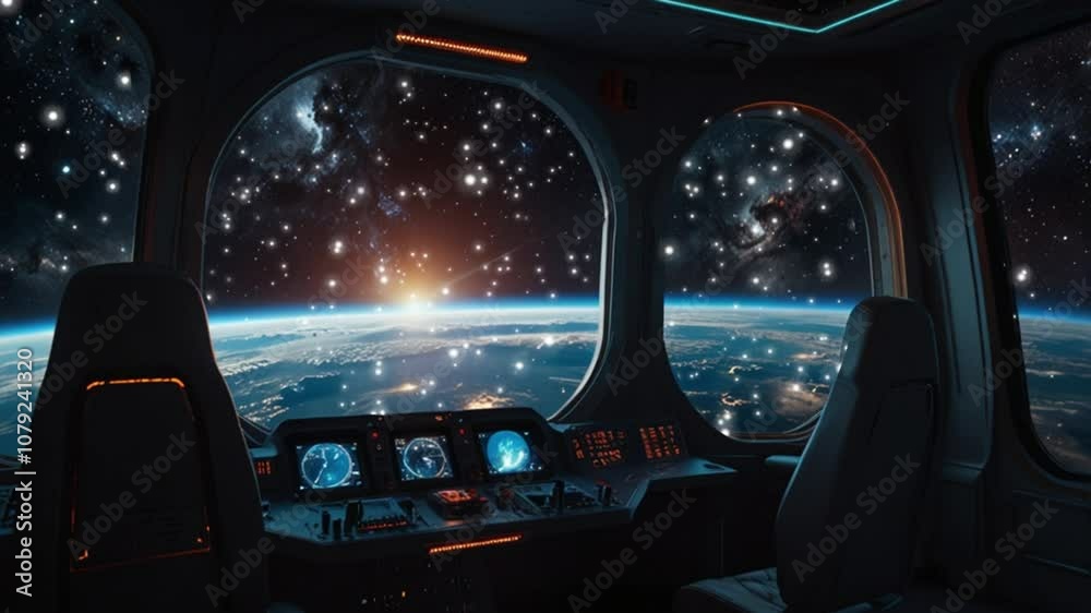 Futuristic spaceship cockpit with Earth view and cosmic scenery Futuristic spaceship cockpit with Earth view and cosmic scenery
