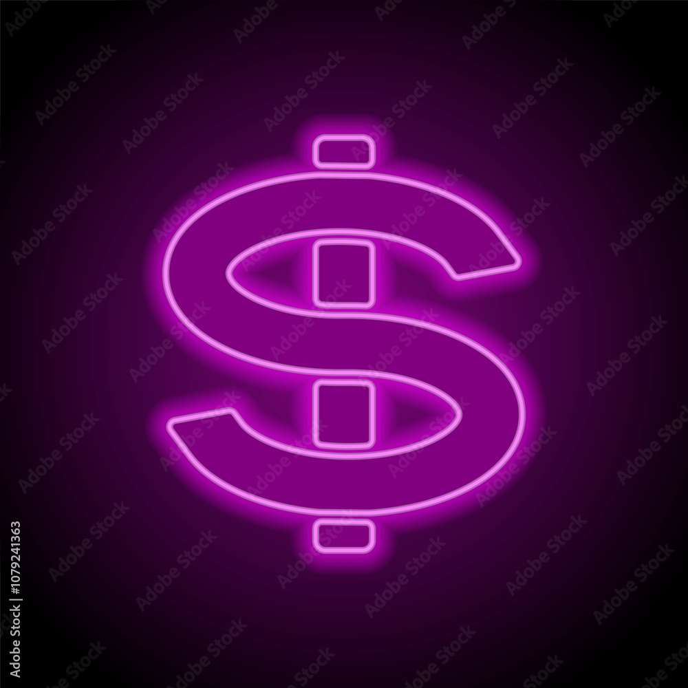 Dollar simple icon vector. Flat design. Purple neon on black background Dollar simple icon vector. Flat design. Purple neon on black background