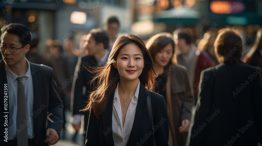 Asian Business Woman smiling with confidence in a busy crowd Asian Business Woman smiling with confidence in a busy crowd