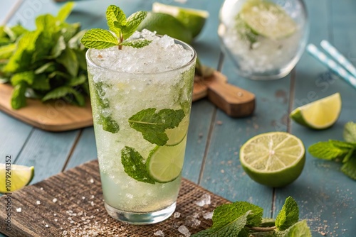 Wallpaper Mural Klassischer Mojito-Cocktail mit Limette und Minze auf rustikalem Holzbrett Torontodigital.ca