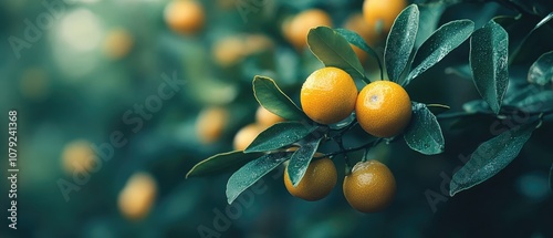 Closeup of ripe oranges hanging from a tree branch.