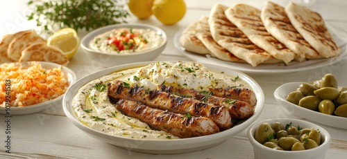 Grilled chicken skewers served on top of a bed of creamy hummus, with a dollop of feta cheese.