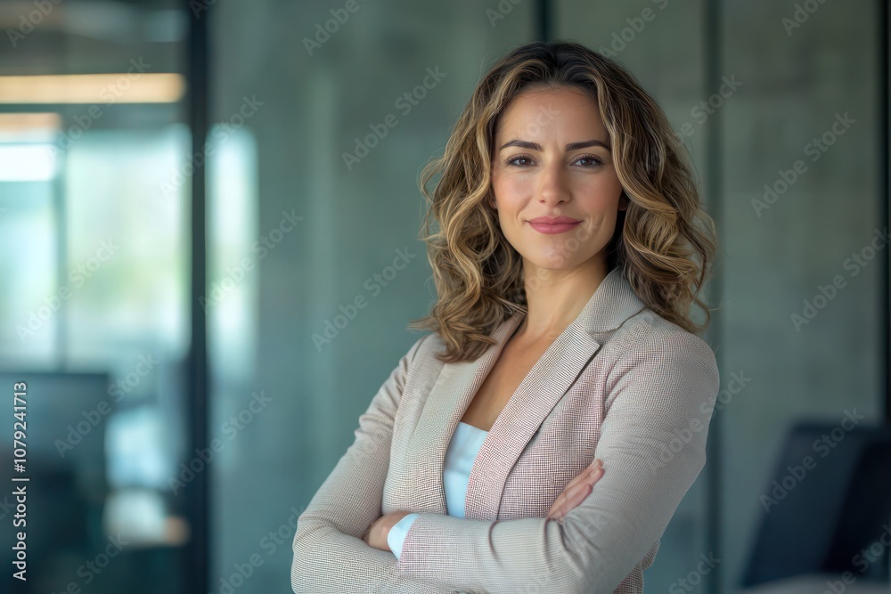 Confident Latin businesswoman standing with arms crossed in office, portrait a corporate leader Confident Latin businesswoman standing with arms crossed in office, portrait a corporate leader