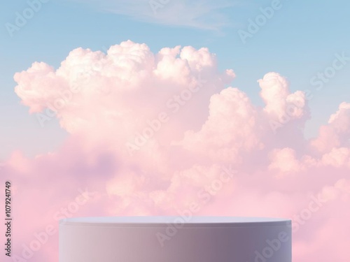 Pink cloud filled sky with a pink podium, dreamy background for presentations or fantasy themes, fantasy, pink photo