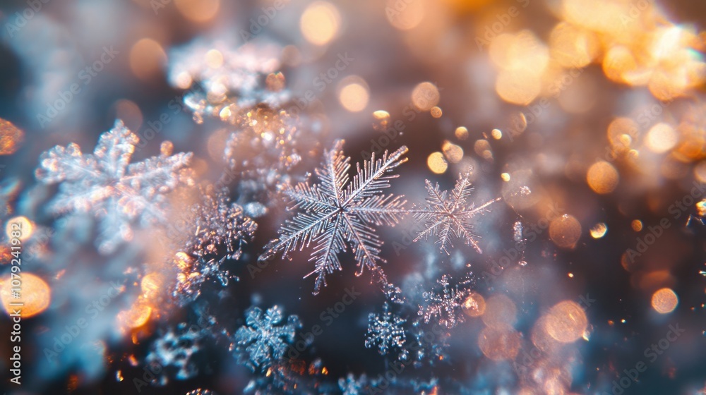 Fototapeta premium Snowflakes on an abstract shiny light background 