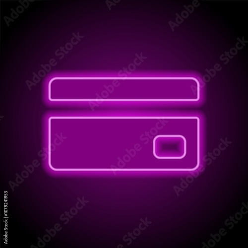 Credit card simple vector icon. Flat design. Purple neon on black background