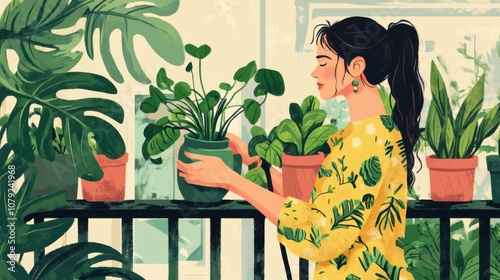 Young woman watering her plants on a balcony garden photo