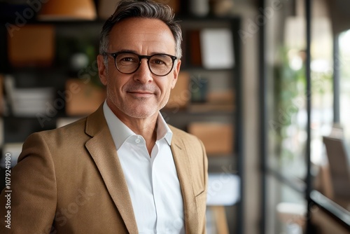 Confident mature businessman standing in office, posing for headshot while wearing glasses, successful corporate leader