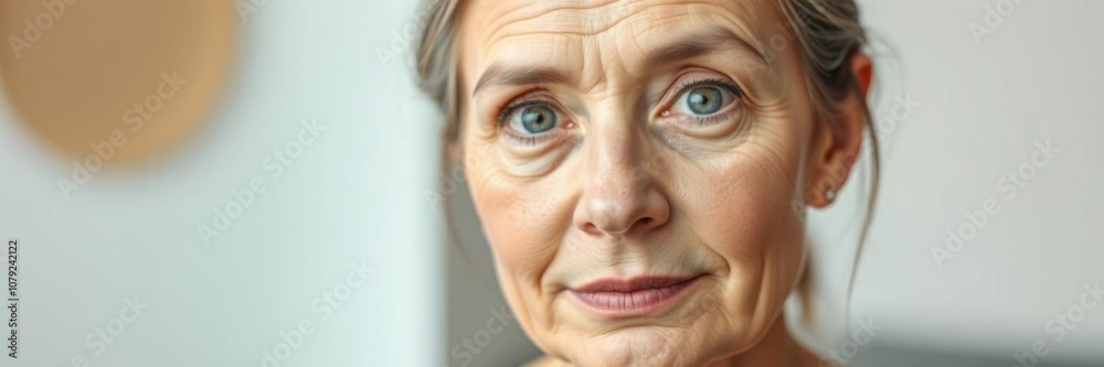 Portrait of a natural middle aged woman with no makeup, aged, indoor Portrait of a natural middle aged woman with no makeup, aged, indoor