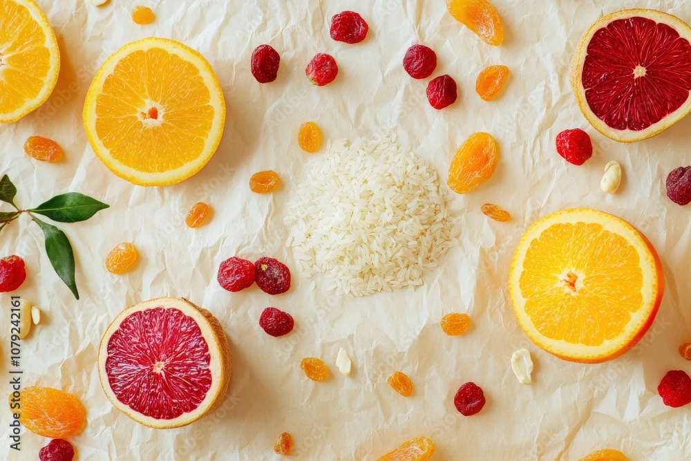 A flat lay of various fruits, nuts and white rice on a parchment paper background. A flat lay of various fruits, nuts and white rice on a parchment paper background.
