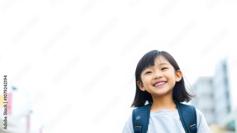Portrait of a smiling young Asian girl against urban blue sky background, cheerful Japanese middle school student, Japanese, Asian Portrait of a smiling young Asian girl against urban blue sky background, cheerful Japanese middle school student, Japanese, Asian