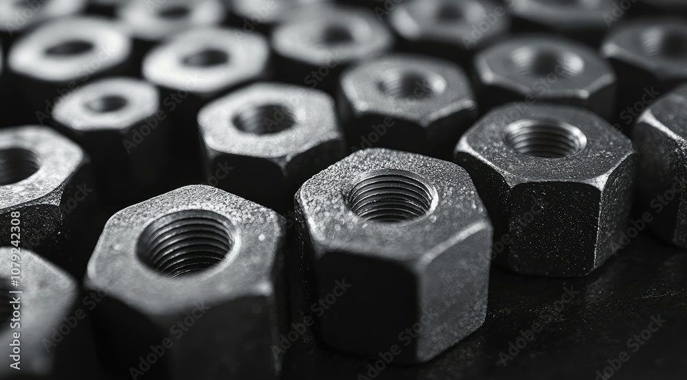 Close-up of several metallic nuts arranged in rows on a black surface. Close-up of several metallic nuts arranged in rows on a black surface.