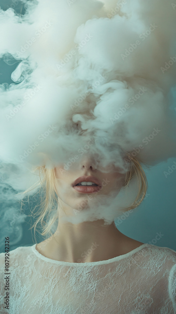 Fototapeta premium Enigmatic atmosphere created by white smoke covering the face of a young blonde woman in a close-up portrait