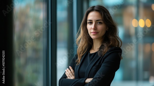 Confident professional businesswoman standing near a window in the office, arms crossed