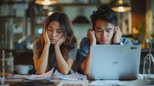 Young Asian couple, heads down, feeling the pressure of rising living costs and debt