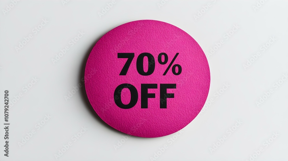 Black '70% OFF' Text on a Magenta Round Paper Note. White Background with Copy Space Black '70% OFF' Text on a Magenta Round Paper Note. White Background with Copy Space