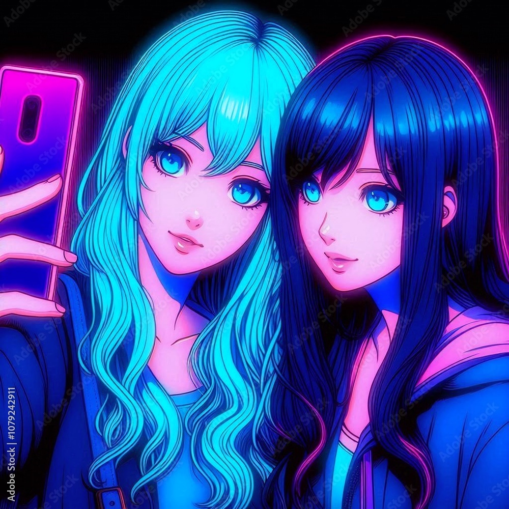 Obraz premium Japanese anime. Two girls friends taking a selfie with a cell phone in neon lights