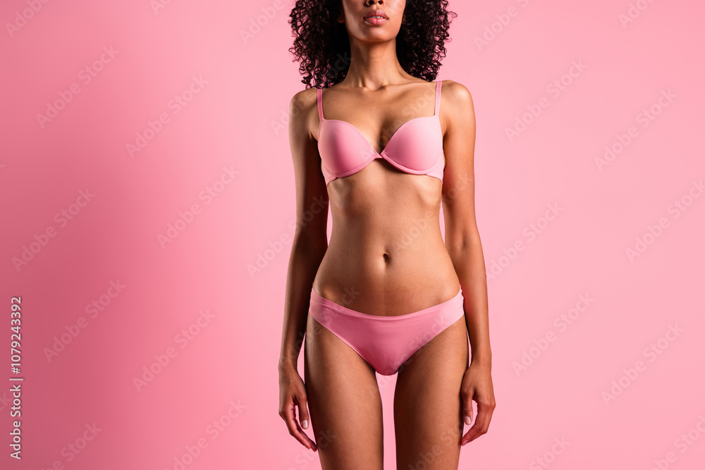 Fototapeta premium Cropped photo of gorgeous young model woman underwear isolated on pink color background