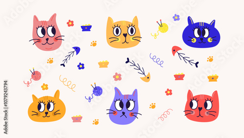 Cartoon retro animal pattern in 90s style. Cats pets pet store. Vector groovy poster