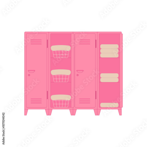 Metal pink locker for modern interior design. Wardrobe for locker rooms, gym, storage cells. Vector illustration