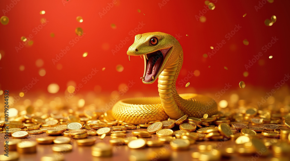 Golden Snake Surrounded by Wealth - Luxury, Prosperity, and Abundance Symbolized by a Fierce Serpent and Gold Coins Golden Snake Surrounded by Wealth - Luxury, Prosperity, and Abundance Symbolized by a Fierce Serpent and Gold Coins