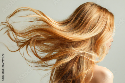 blonde beautiful hair of a young girl on a light background, back view of hair 