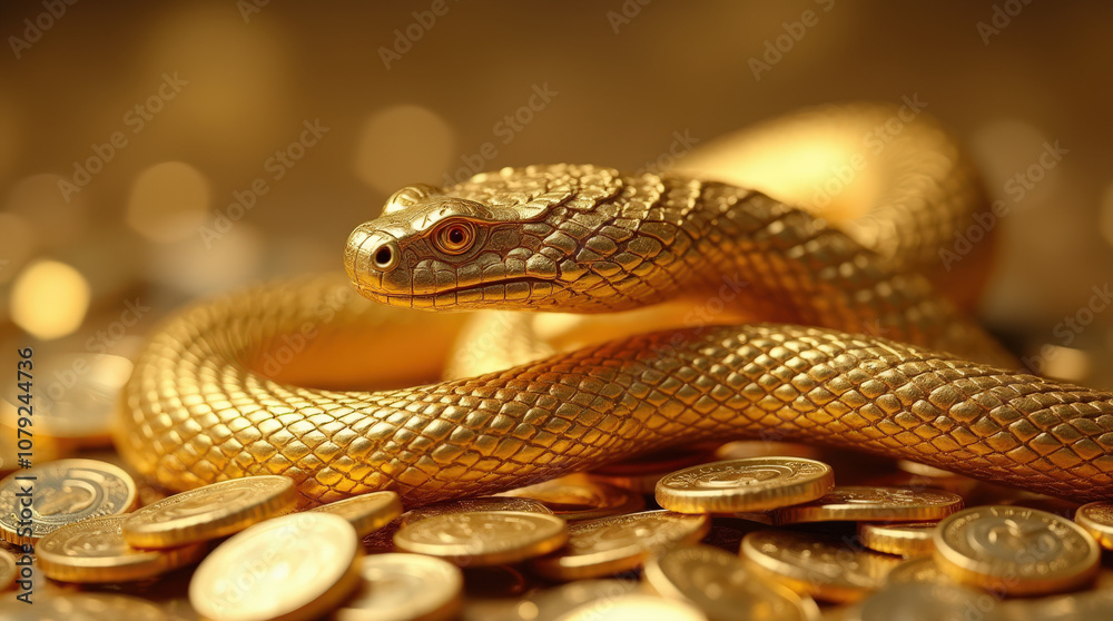 Golden Snake Surrounded by Wealth - Luxury, Prosperity, and Abundance Symbolized by a Fierce Serpent and Gold Coins Golden Snake Surrounded by Wealth - Luxury, Prosperity, and Abundance Symbolized by a Fierce Serpent and Gold Coins