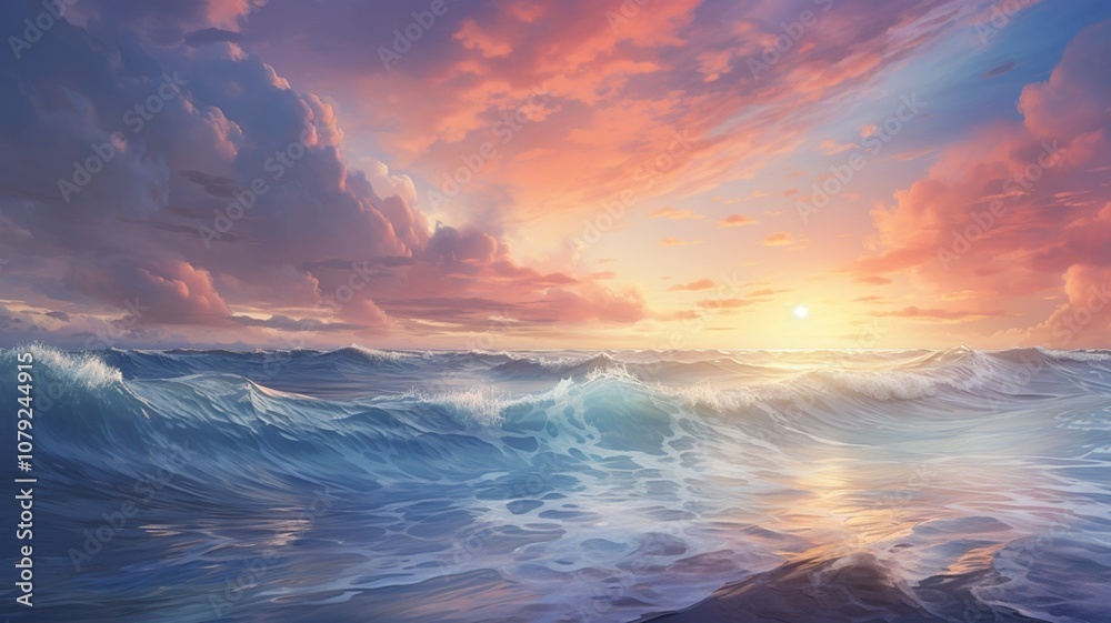 Fototapeta premium Radiant Sunset Over Ocean Waves AI Generated image