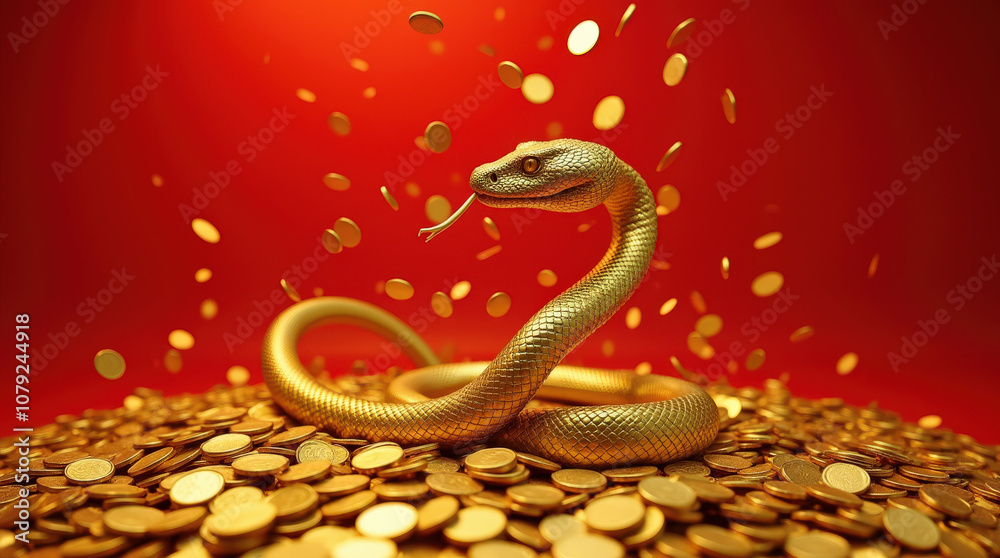Golden Snake Surrounded by Wealth - Luxury, Prosperity, and Abundance Symbolized by a Fierce Serpent and Gold Coins Golden Snake Surrounded by Wealth - Luxury, Prosperity, and Abundance Symbolized by a Fierce Serpent and Gold Coins