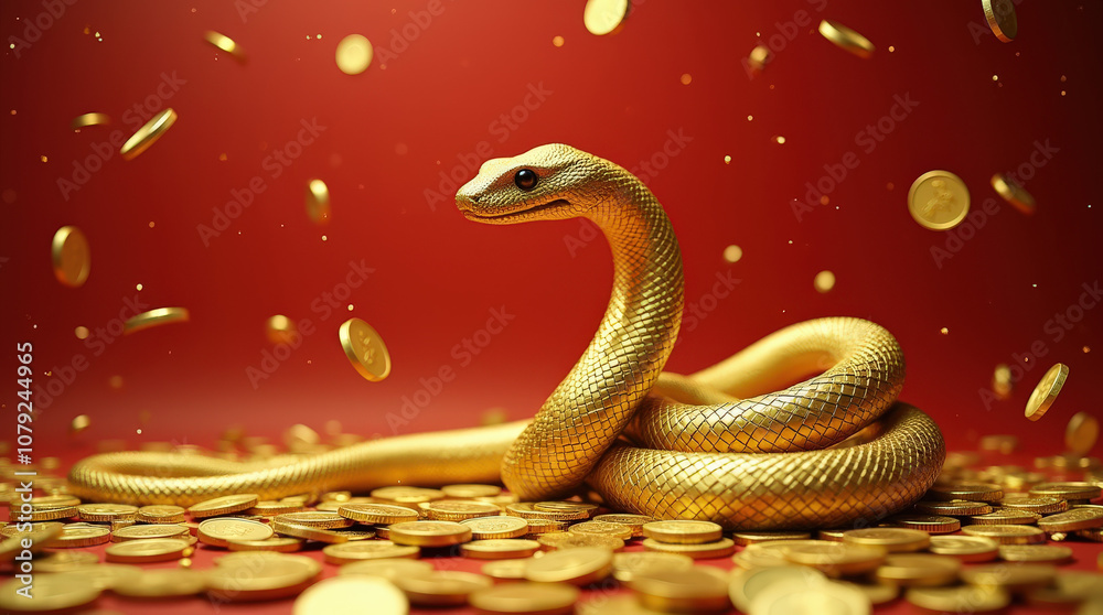 Golden Snake Surrounded by Wealth - Luxury, Prosperity, and Abundance Symbolized by a Fierce Serpent and Gold Coins Golden Snake Surrounded by Wealth - Luxury, Prosperity, and Abundance Symbolized by a Fierce Serpent and Gold Coins