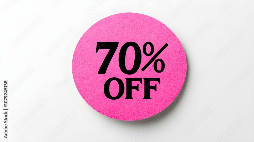 Black '70% OFF' Text on a Pink Round Paper Note. White Background with Copy Space Black '70% OFF' Text on a Pink Round Paper Note. White Background with Copy Space