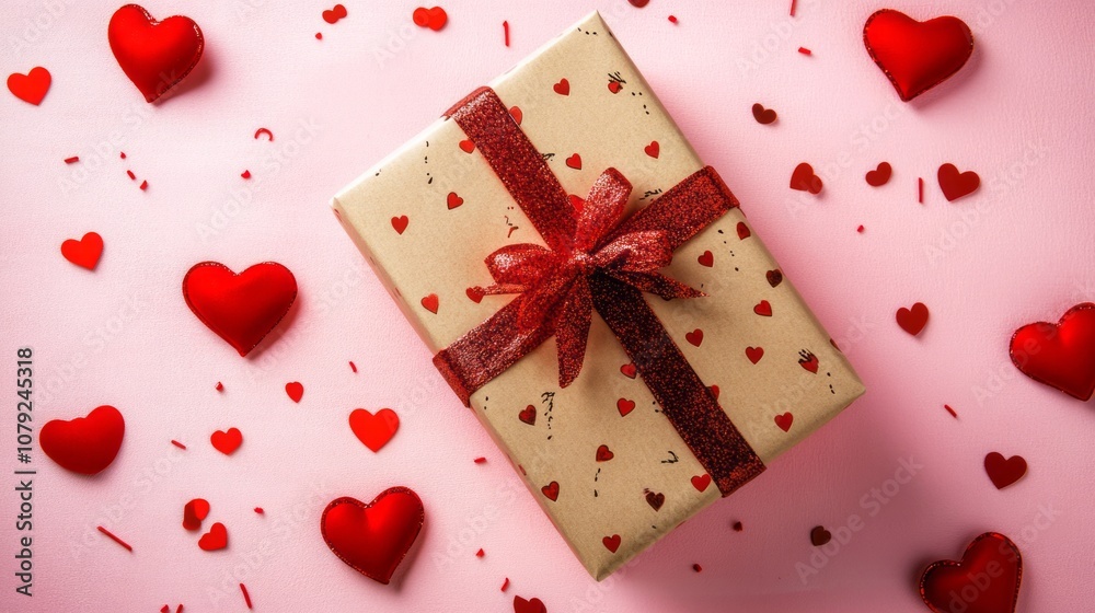 Valentine day composition with gift box and red hearts, photo template on pink background Valentine day composition with gift box and red hearts, photo template on pink background