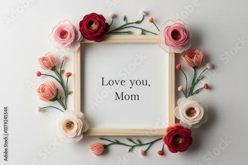 Happy Mother's Day card with frame from embroided flowers on white background. 