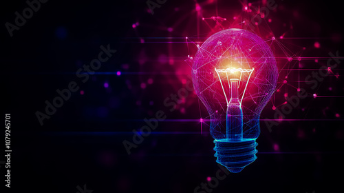 A close-up of a glowing light bulb against a dark background, featuring vibrant neon colors like blue and purple.