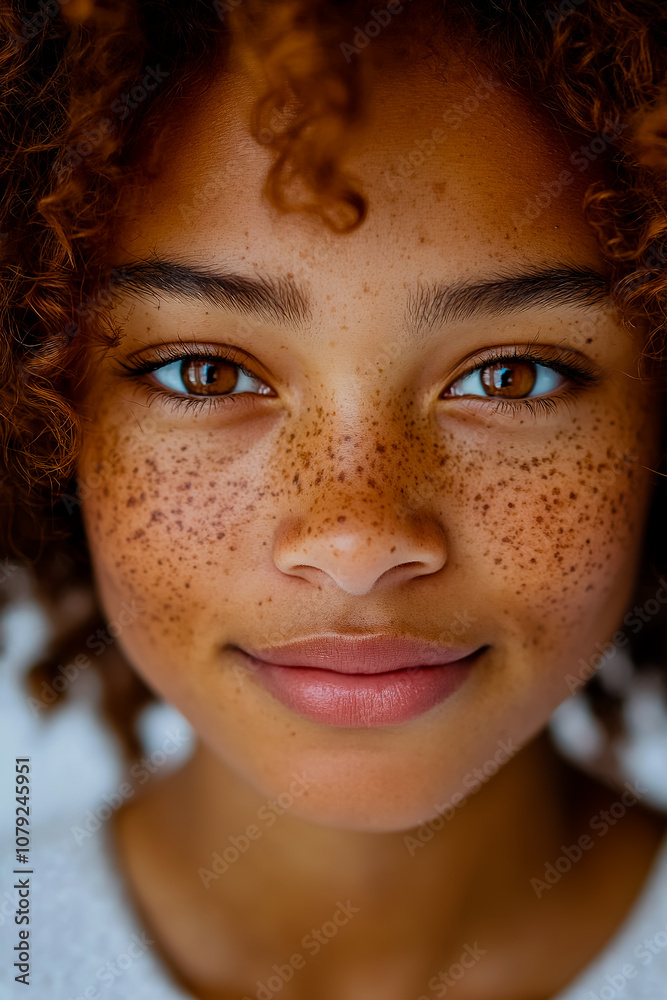 A close-up photo of a girl with freckles and a light skin tone of African descent, set against a pure white background. A close-up photo of a girl with freckles and a light skin tone of African descent, set against a pure white background.