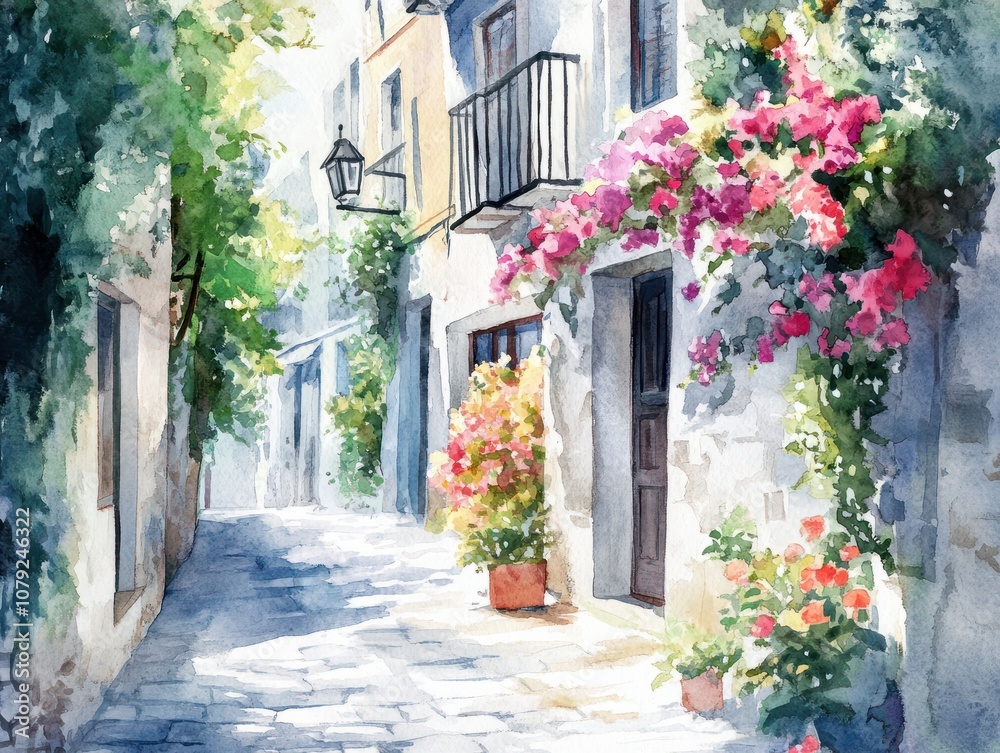 Fototapeta premium watercolor landscape, streets of summer southern city, flowers on the street, sketch style
