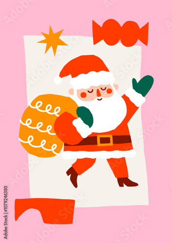 Cute cutout style Christmas card vector template. Hand drawn abstract holidays illustration print with Santa Claus carrying sack