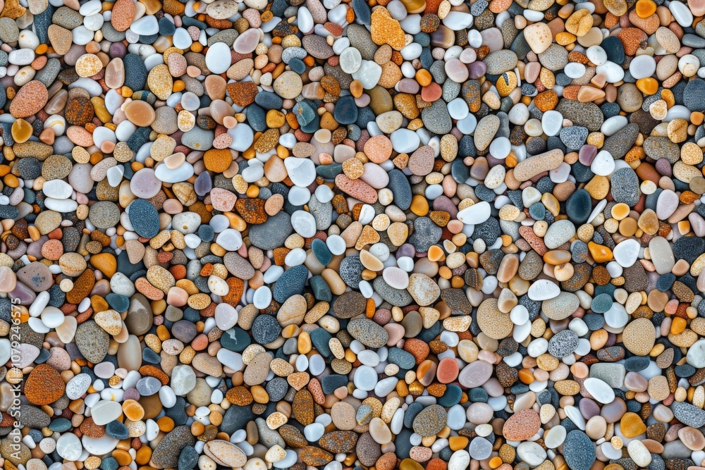 A close-up shot of a beach with an assortment of smooth, colorful pebbles. A close-up shot of a beach with an assortment of smooth, colorful pebbles.