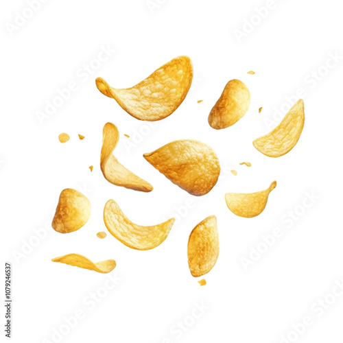 Flying potato chips, crispy potato chips isolated on transparent background.
