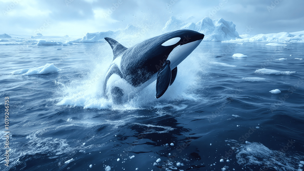 Fototapeta premium Playful Orca Breaching in Icy Ocean Waters