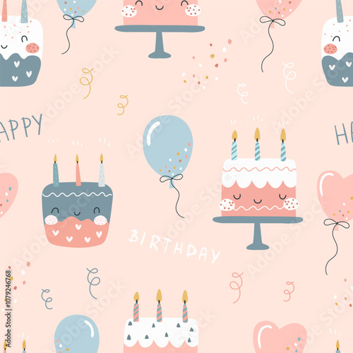 Seamless candle cake pattern, balloons cute kids background, illustration, happy birthday card, seamless happy birthday pattern